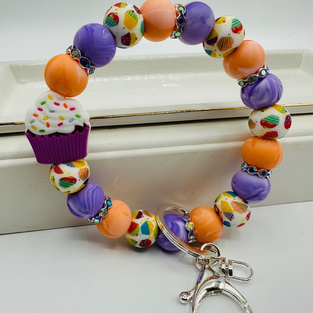 Colorful Cupcake Charm Bracelet, Birthday Gift, Key Wristlet Accessory, Silicone